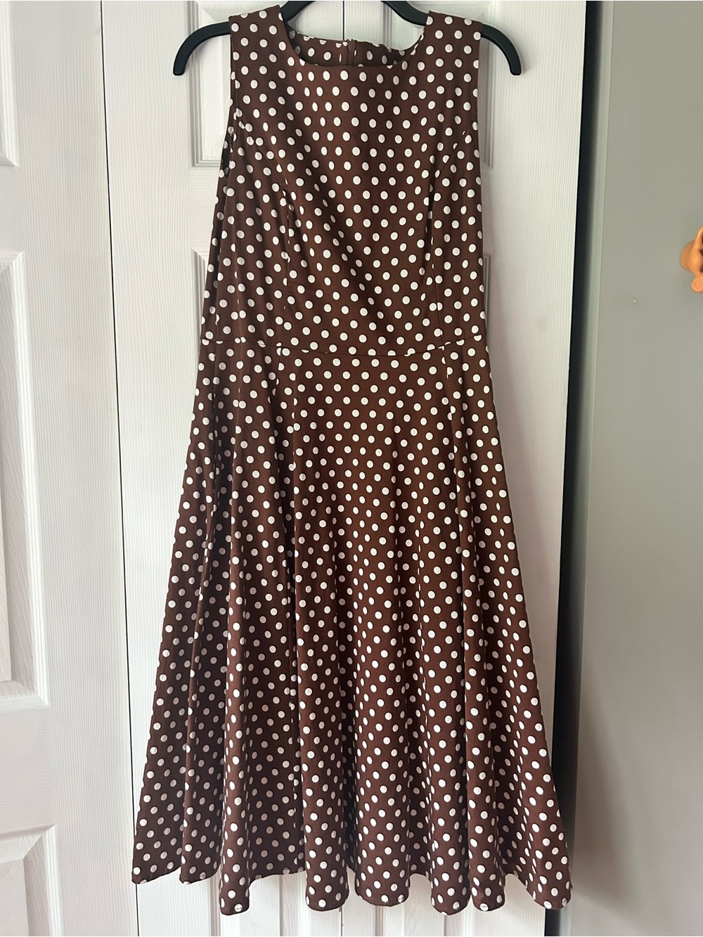 Simple Brown Dress with White Polka Dots - Midi A-Line